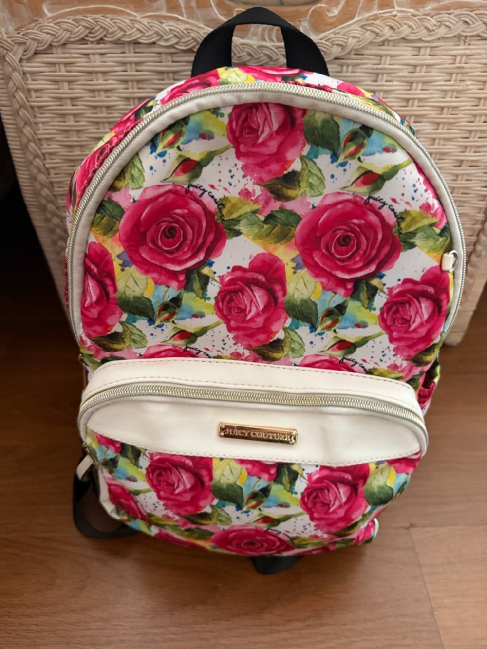 Juicy Couture White Backpack with Pink Rose Print
